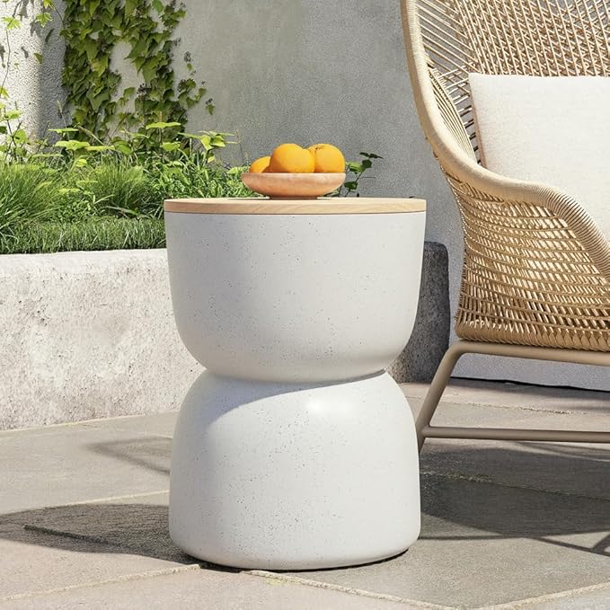 Christopher Knight Home Ema 22"H Lightweight Concrete Outdoor Side Table with Storage, Hourglass Shaped Patio End Table, MGO Outdoor Coffee Table, No Assembly Garden Plant Stand Indoor, White+Natural