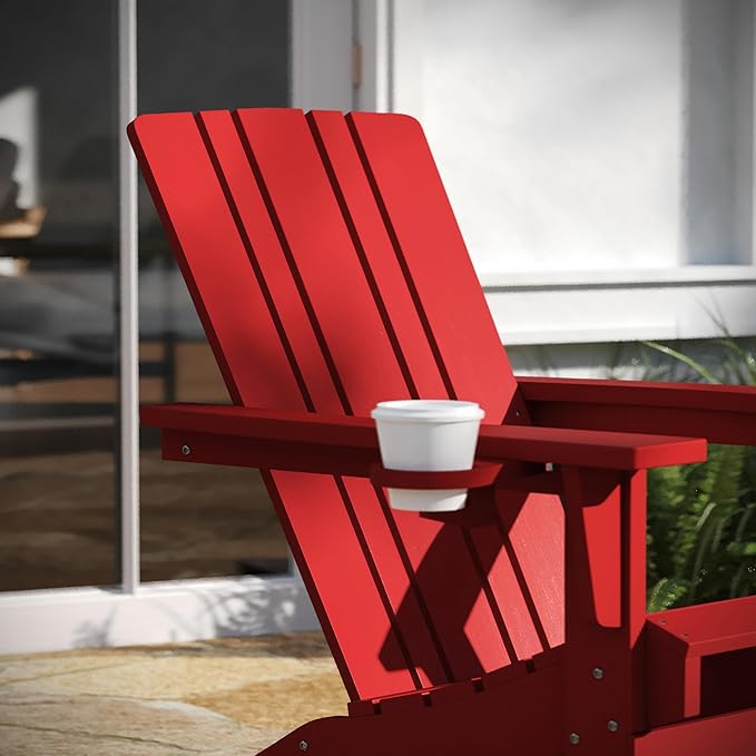 Taylor & Logan Hedley Adirondack Chair with Cup Holder, Weather Resistant HDPE Adirondack Chair in Red