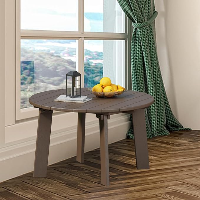 Outdoor Round Coffee Table, Adirondack Patio Coffee Table, Outdoor Large Side Table for Balcony Lawn (Brown)