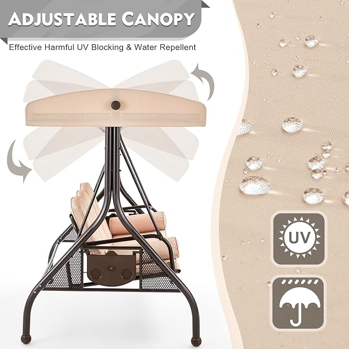 HOMREST 3 Seat Outdoor Porch Swing with Adjustable Canopy, Convertible Patio Swing Bed with Stand - Photo 3