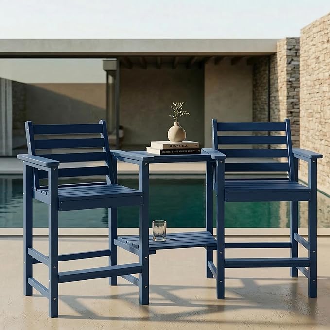 Kingdura Tall Adirondack Chairs Set of 2, Weather Resistant HDPE Bar Height Outdoor Stools with Removable Double Connecting Trays, Wooden Grain for Patio, Balcony, Deck (Navy Blue)