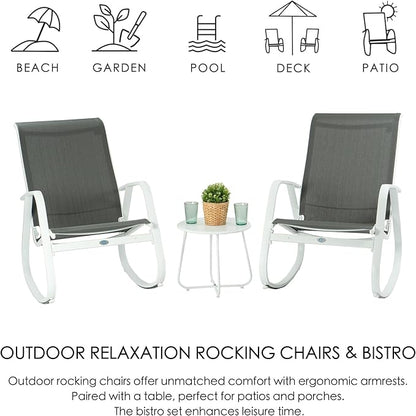 Kozyard Outdoor Patio Rocking Sling Chair, Powder Coated Aluminum Frame, Weather Resistant and Breathable Mesh Fabric for Patio, Porch, Yard, Garden (Grey, 2Chairs + Table)