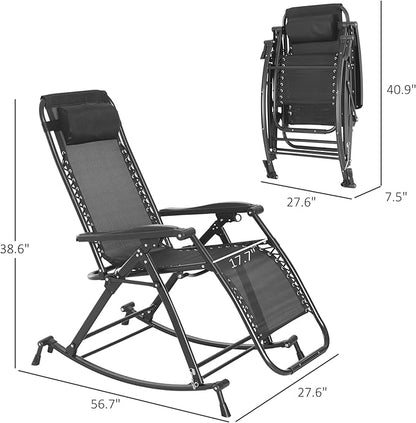 Outsunny Outdoor Rocking Chairs, Foldable Reclining Zero Gravity Lounge Rocker with Pillow, Cup & Phone Holder, Combo Design with Folding Legs, Gray