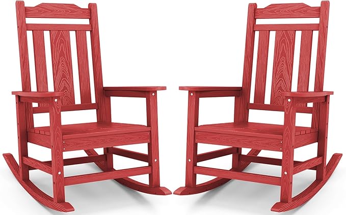 SERWALL Oversized Rocking Chair, HDPE Outdoor Rocking Chairs Set of 2, Patio Rocking Chair Sets for Adults, Red