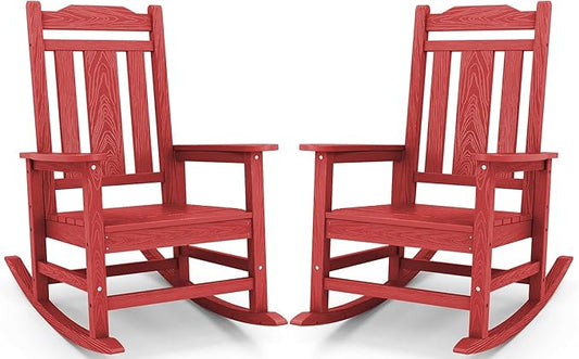 SERWALL Oversized Rocking Chair, HDPE Outdoor Rocking Chairs Set of 2, Patio Rocking Chair Sets for Adults, Red