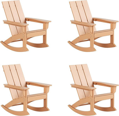 WestinTrends Ashore Patio Rocking Chairs Set of 4, All Weather Poly Lumber Plank Adirondack Rocker Chair, Modern Farmhouse Outdoor Rocking Chairs for Porch Garden Backyard and Indoor, Teak