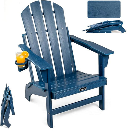 FUNBERRY Folding Adirondack Chair, HDPE Stable Gun-Leg Design Fire Pit Chairs with Cupholder All Weather for Outside