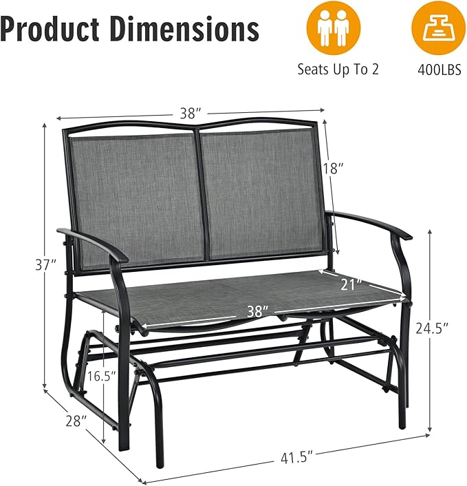 Tangkula 2-Person Patio Glider Bench, Outdoor Rocker Glider Loveseat Chair W/Heavy-Duty Steel Frame - Photo 3