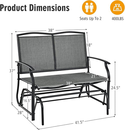 Tangkula 2-Person Patio Glider Bench, Outdoor Rocker Glider Loveseat Chair W/Heavy-Duty Steel Frame, Breathable Seat Fabric, Rocking Lounge Chair for Poolside, Garden, Backyard (Grey)