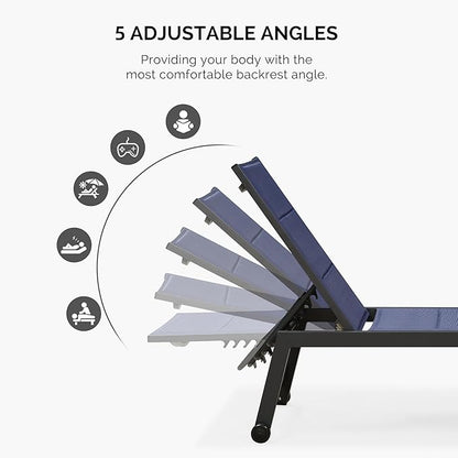 PURPLE LEAF Extra Large Outdoor Chaise Lounge 2 Pieces Aluminum Patio Lounge Chair with Wheels Reclining Chair for Patio Pool Beach Sunbathing Navy Blue Oversized Lounger