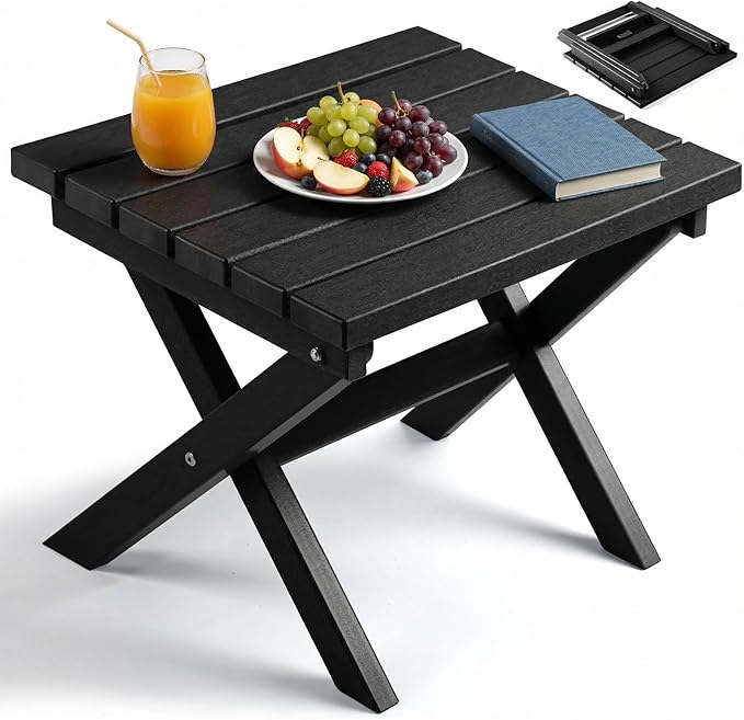 PASAMIC Folding Outdoor Side Table, Small Outdoor Table, Portable, No Assembly, Weather-Resistant HDPE End Table for Camping, RV, Poolside, Garden (Black)