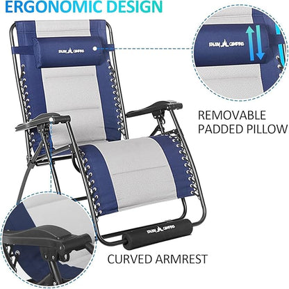 Amopatio Padded Oversized Zero Gravity Chair with Cup Holder, 33" Wide Folding Camping Reclining Lounge Chair with Headrest/Footrest/Cushion for Indoor and Outdoor, Support 500LBS, Off White