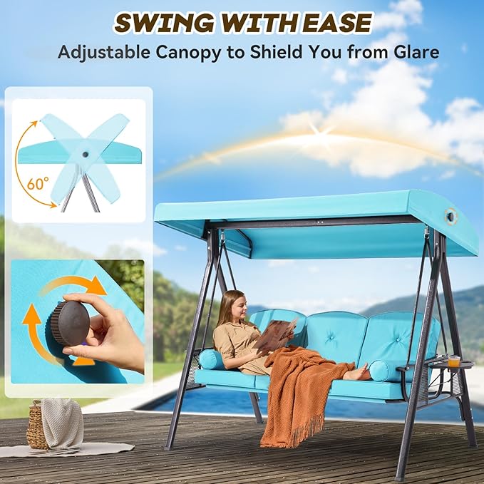 3 in 1 Outdoor Porch Swing with Adjustable Canopy, 3 Seat Outdoor Swing for Adults - Photo 3