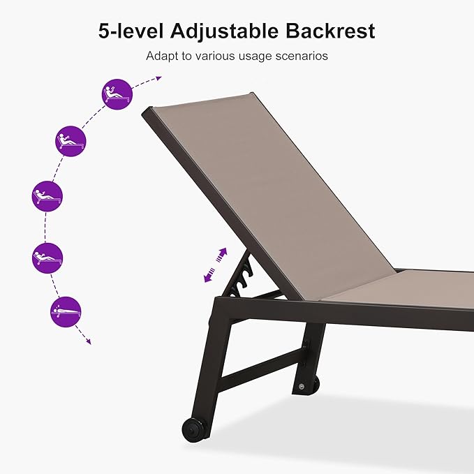 PURPLE LEAF Oversized Patio Lounge Chairs Set of 3, Reclining Pool Lounge Chairs with Side Table and Wheels for All Weather for Outdoor, Deck, Lawn, Aluminum Outside Pool, Taupe