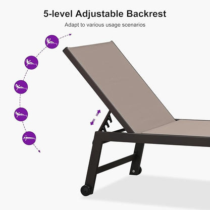 PURPLE LEAF Oversized Patio Lounge Chairs Set of 3, Reclining Pool Lounge Chairs with Side Table and Wheels for All Weather for Outdoor, Deck, Lawn, Aluminum Outside Pool, Taupe