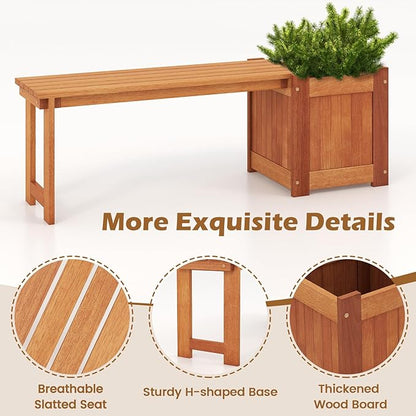 Outdoor Planter Bench with Box, 2 in 1 Wooden Flower Box Kit with Seat, Open-Ended Base & Slotted Construction, Raised Garden Bed for Garden, Yard, Balcony