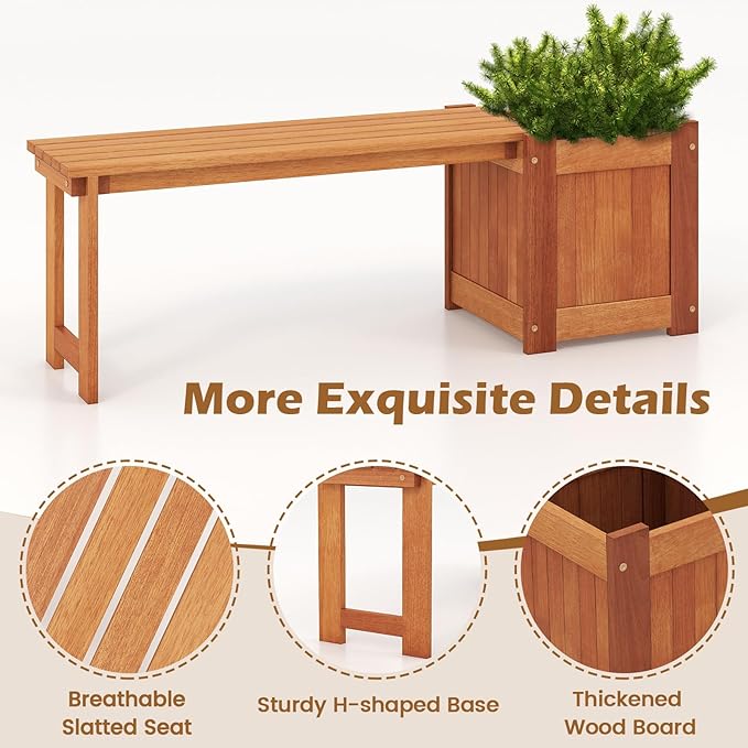 Bench with Planter Box, 2 in 1 Wooden Flower Box Kit with Seat, Open-Ended Base & Slotted Construction, Outdoor Plant Container for Garden, Yard, Balcony (Natural)