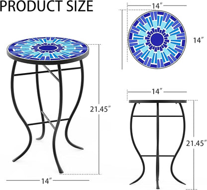 Mosaic Outdoor Side Table, Patio Side Table, Weather Resistant 14" Diameter 21" H Ceramic Tile Round Outside Table for Patio, Porch, Garden, Pool, Indoor&Outdoor,Plant Stand (Vortex)