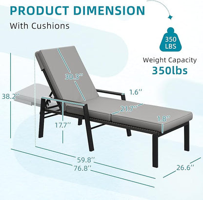 AECOJOY Chaise Lounge Chairs for Outside Set of 2, Adjustable Wicker PE Rattan Patio Pool Recliner Chair with Removable Cushion for Beach, Patio, Poolside, Lawn, Black Rattan&Dark Grey Cuchion
