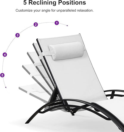 PURPLE LEAF Patio Oversized Chaise Lounge Chair Set with Side Table Pool Adjustable Recliner Chairs for Outside Beach Outdoor Sunbathing Tanning Poolside Lounger Chair, White