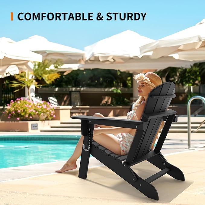 VINGLI Plastic Adirondack Chairs Set of 2, Folding with Cup Holder, Waterproof HDPE Material, Comfortable 380lb Weight Capacity for Outdoor Pool Patio Lounge Chair Lawn Furniture Firepit (Black)