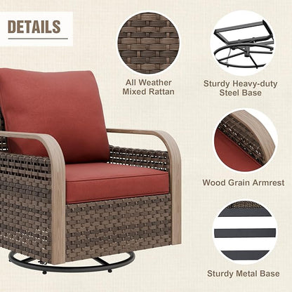 Modern Wicker Outdoor Swivel Rocking Chair, Rattan Glider Rocker Chair Patio Armchair for Backyard, Deck, Porch, Garden, 1 Piece, Brown/Red