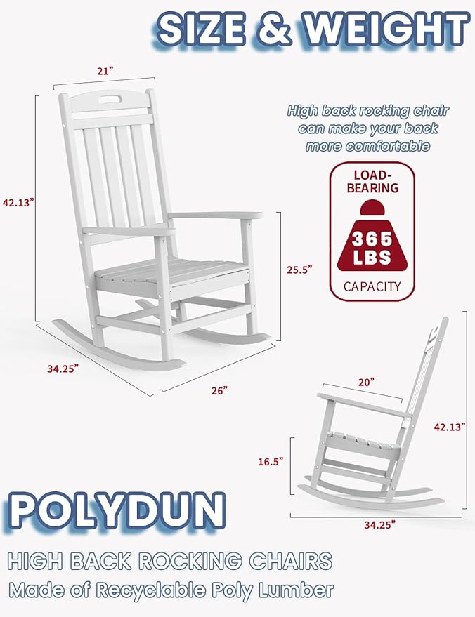Outdoor Rocking Chair, High Back HDPE Patio Chair, All Weather Rocker Porch Chair, Lawn Chair for Deck, Porch, Backyard, Garden and Indoor, White