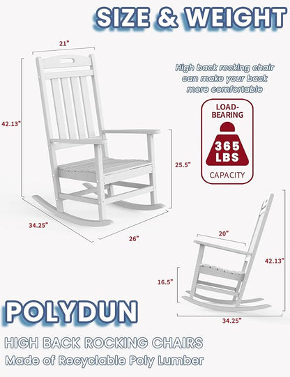 Outdoor Rocking Chair, High Back HDPE Patio Chair, All Weather Rocker Porch Chair, Lawn Chair for Deck, Porch, Backyard, Garden and Indoor, White