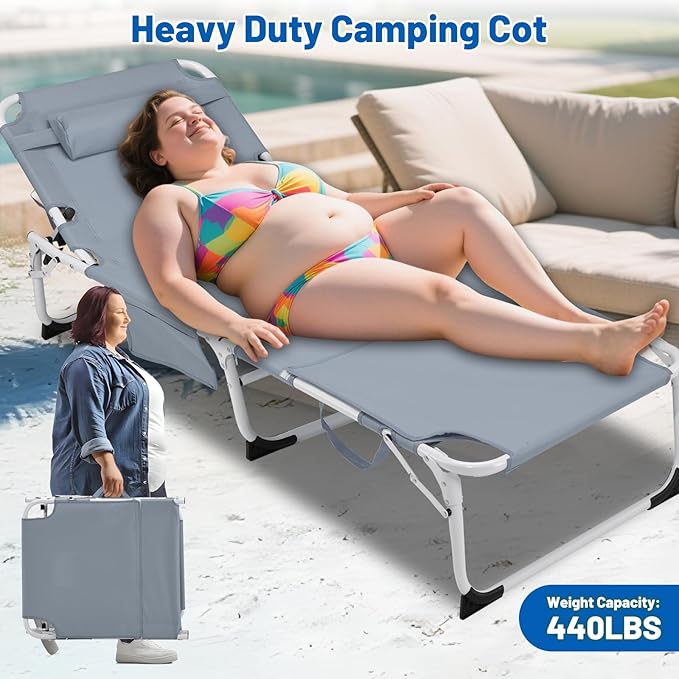 XMT 3-in-1 Tanning Chair with Face Hole for Outside, 5-Position Reclining & Head Cushion – Portable Folding Beach Lounge Chairs for Pool, Lawn, Yard (Grey)