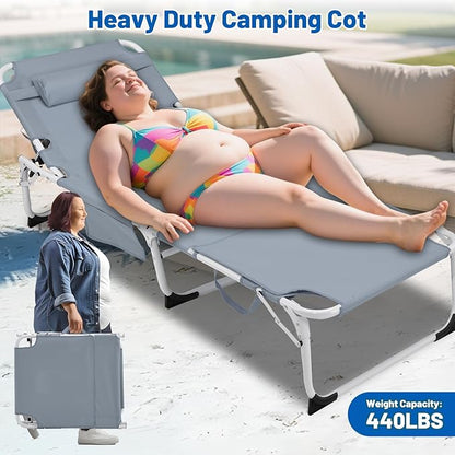 XMT 3-in-1 Tanning Chair with Face Hole for Outside, 5-Position Reclining & Head Cushion – Portable Folding Beach Lounge Chairs for Pool, Lawn, Yard (Grey)