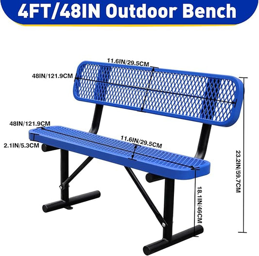 Heavy Duty Park Bench with Back Portable Frame, Outdoor Metal Park Bench with Backrest, Steel Mesh Outdoor Bench for Garden, Lawn, Patio, Porch, Park, Yard (Blue, 48" D x 23.2" W x 32.5" H)