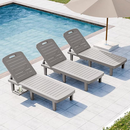 Outdoor Chaise Lounge Set of 3, Waterproof Resin Lounge Chairs for Outside w/Adjustable 5 Positions All Weather Recliner Chair for Patio, Poolside, Beach, Yard, Grey