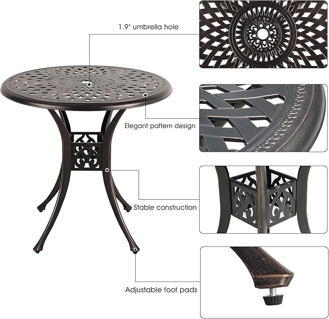 COBANA Patio Bistro Table, 31’’ Round Cast Aluminum Outdoor Dining Retro Side Table with 2’’ Umbrella Hole, Bronze - Photo 4