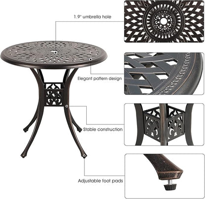 COBANA Patio Bistro Table, 31’’ Round Cast Aluminum Outdoor Dining Retro Side Table with 2’’ Umbrella Hole, Bronze