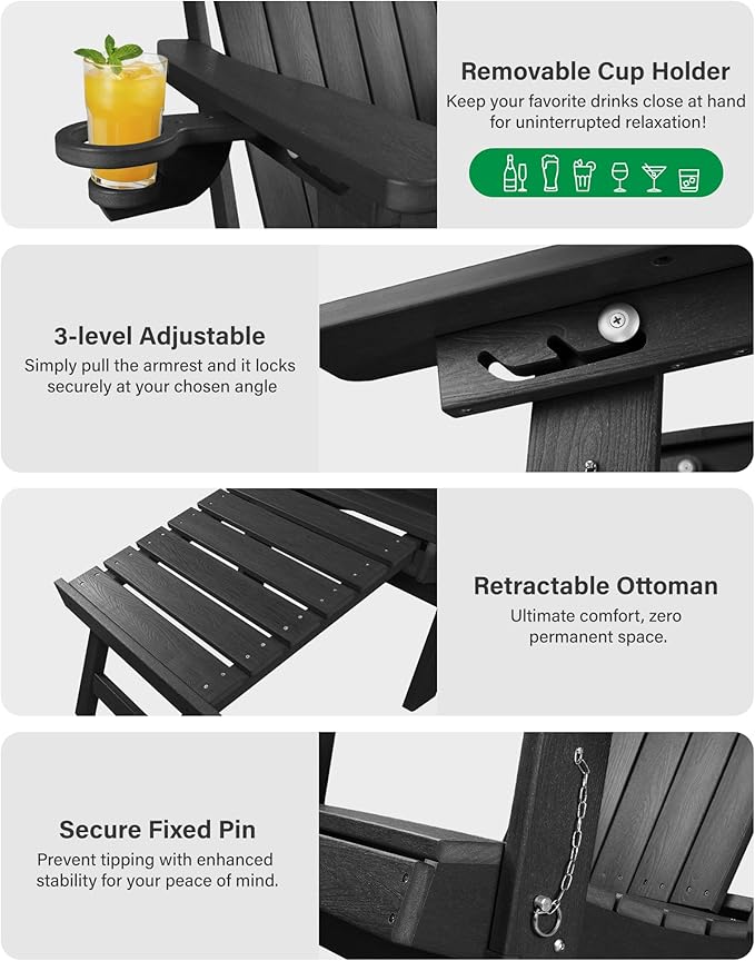 YEFU Adirondack Chair with Retractable Ottoman: Adjustable Folding Adirondack Chairs with Cup Holder - Sturdy HDPE Plastic Fire Pit Chairs Set of 6 - All Weather for Outdoor/Patio/Pool/Deck(Black)