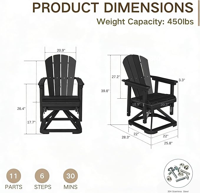 Kingdura Adirondack Swivel Glider Chair, HDPE Patio Glider Rocking Chair for Outdoor, All-Weather Glider Chair for Porch Balcony Lawn Poolside, 450LBS Capacity (Black)