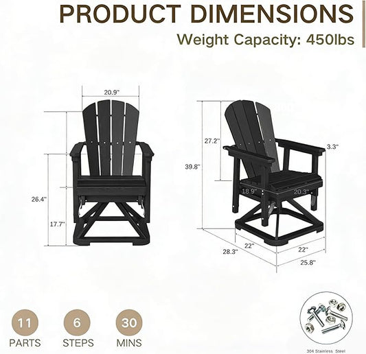 Kingdura Adirondack Swivel Glider Chair, HDPE Patio Glider Rocking Chair for Outdoor, All-Weather Glider Chair for Porch Balcony Lawn Poolside, 450LBS Capacity (Black)