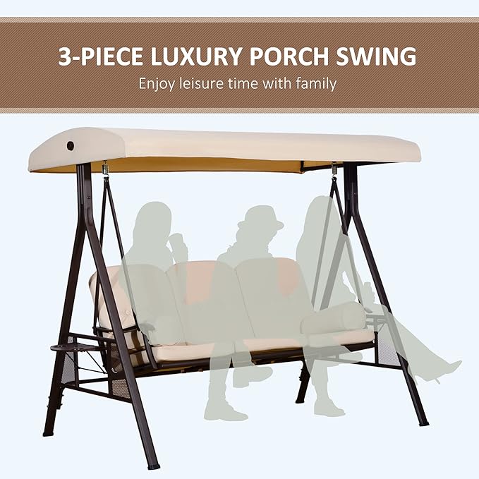 Outsunny 3-Seat Patio Swing Chair, Outdoor Porch Swing Glider with Adjustable Canopy, Removable Cushion - Photo 6