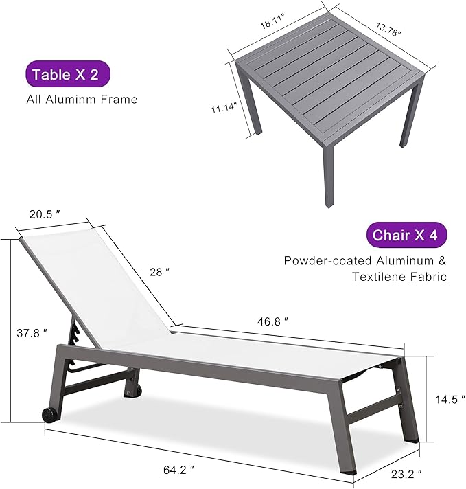 PURPLE LEAF Patio Chaise Lounge Set for 4 Outdoor Chaise Lounge Chair with Aluminum Frame and Easy-to-Move Wheels Pool - Photo 3