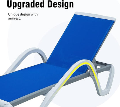domi outdoor living Patio Chaise Lounge Adjustable Aluminum Lounge Chairs with Arm All Weather Pool Chairs for Outside,in-Pool,Lawn (Blue Lounge W/Table)