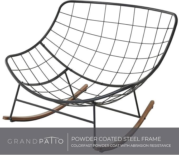 Grand patio Rocking Chair Outdoor, E-Coated Papasan Rocking Chair with Cushion, Outdoor Oversized Recliner Rocker for Patio Porch Garden Backyard, Grey