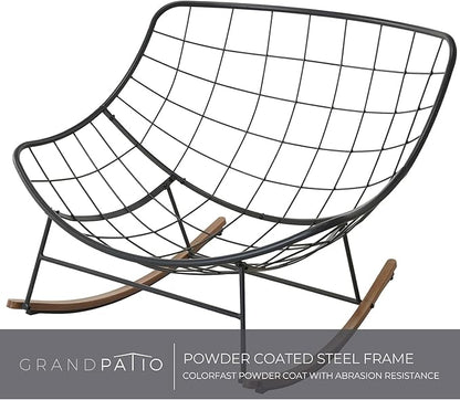Grand patio Rocking Chair Outdoor, E-Coated Papasan Rocking Chair with Cushion, Outdoor Oversized Recliner Rocker for Patio Porch Garden Backyard, Grey