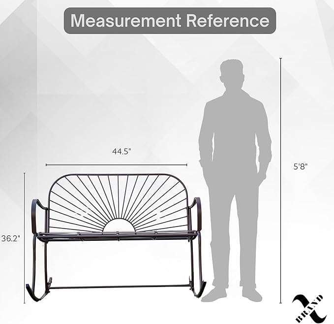 XBrand 44.5" L Iron Sun-Patterned Seat for Two Indoor/Outdoor Rocking Glider Bench, Durable Patio Glider Bench, Brown - Photo 4