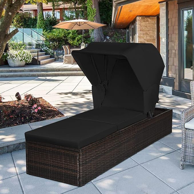 Tangkula Outdoor Chaise Lounge Chair with Folding Canopy, Adjustable Cushioned Reclining Chair with Flip-up Tea Table, Rattan Sun Lounger for Beach Poolside Backyard Balcony Porch (1, Black)