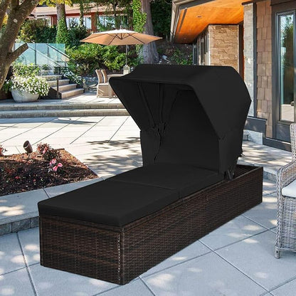 Tangkula Outdoor Chaise Lounge Chair with Folding Canopy, Adjustable Cushioned Reclining Chair with Flip-up Tea Table, Rattan Sun Lounger for Beach Poolside Backyard Balcony Porch (1, Black)