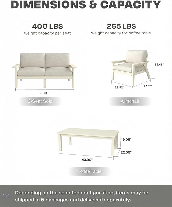Patio Furniture Set, HDPE Outdoor Sofa Set with Beige Washable Cushions, Patio Conversation Sets for Lawn, Garden, Porch, Balcony & Deck, Durable Outdoor Sectional Furniture (White Frame)