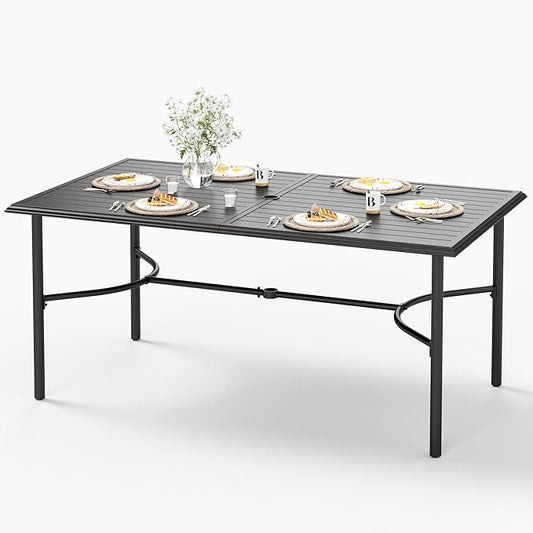 HERA'S HOUSE 67" Patio Table with Umbrella Hole for 6, Extra Large Rectangle Metal Outdoor Dining Table for Backyard Garden Lawn, Black