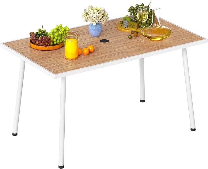 DWVO Outdoor Patio Dining Table Rectangular for 6, PE Rattan and Wood Finish Patio Table 59.1" L with Umbrella Hole - Photo 3