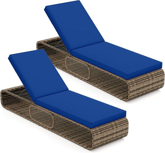 Tangkula Outdoor Chaise Lounge Chair Set of 2, 7-Position PE Wicker Patio Reclining Sun Lounger with Adjustable Backrest, Cushion and Storage, Pool Sunbathing Recliner for Poolside, Backyard (Navy)