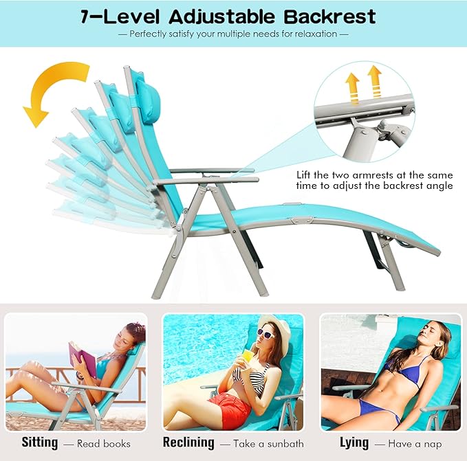 Giantex Chaise Lounge Chair for Outside, Pool Folding Reclining Beach Chair W/Removable Cushion&Headrest Pillow, Outdoor Lounge Chaise w/ 7 Backrest Positions, Portable Patio Lounger (2, Turquoise)
